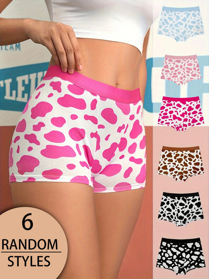 Random 6-piece set of multi-color pure cotton women's briefs with cow print, casual and fashionable, seamless women's underwear