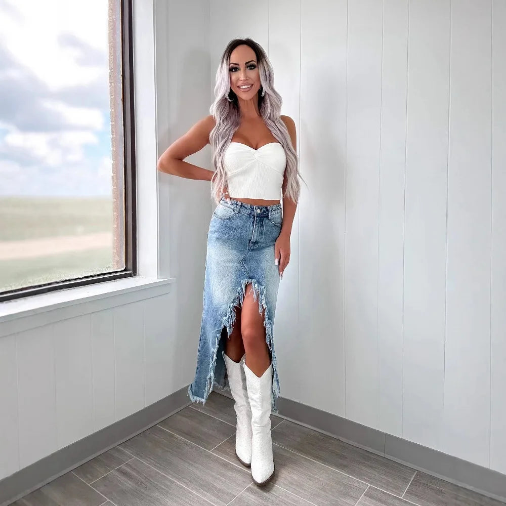 High-Waisted Irregular Burlap Denim Skirt Women's Do Old Washed Half-Body Skirt Denim Casual Skirt Women's