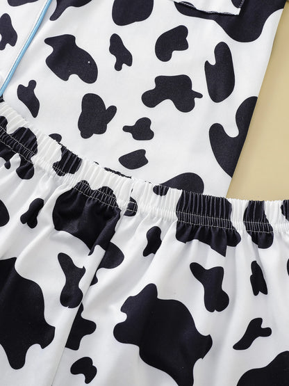 Two-piece set of women's pajamas lapel top and trousers cow pattern summer casual women's pajamas home wear