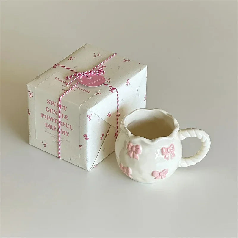 Handmade Irregular Mug, Pink Three-dimensional Bow Coffee Cup, Artistic Niche Mug Gift Ceramic Water Cup