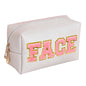 Chenille Letter Cosmetic Bag PU Leather Waterproof Pouch Cute Zipper Organizer, Skin, Hair and Face