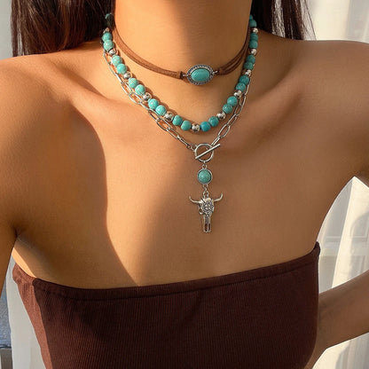 3pcs Set Vintage Ethnic Style Bull Head Pendant Necklace for Women Exquisite Green Stone Beads Clavicle Chain Jewelry