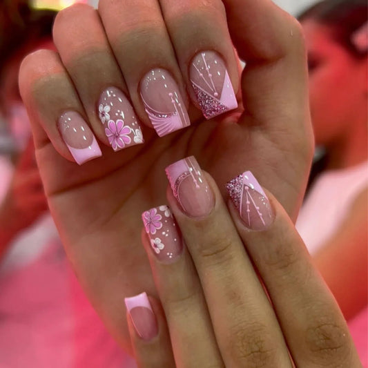 24pcs French False Nails Pink Flowers Short Coffin Fake Nail Tips for Girl Wearable Sweet Korean Simple Nude Pink Press on Nails