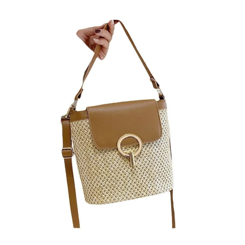 Women Straw Woven Shoulder Bag Crossbody Rattan Tote Casual Bucket Bag Beach Versatile Handbag