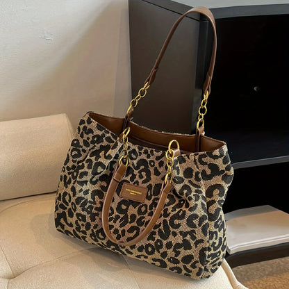 Fashionable contrasting leopard print design women's shoulder bag, retro and versatile popular large-capacity bag