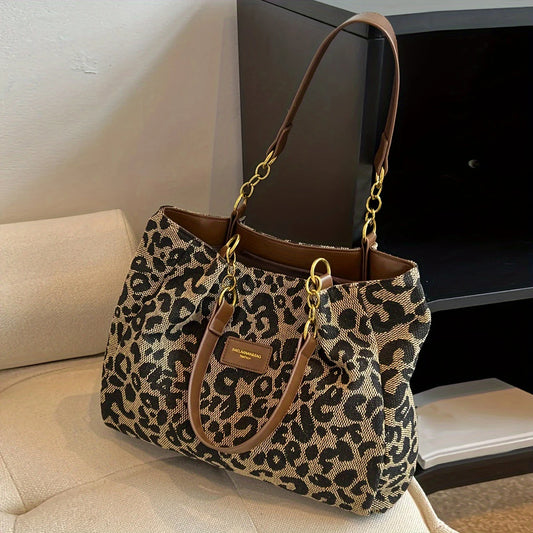 Fashionable contrasting leopard print design women's shoulder bag, retro and versatile popular large-capacity bag