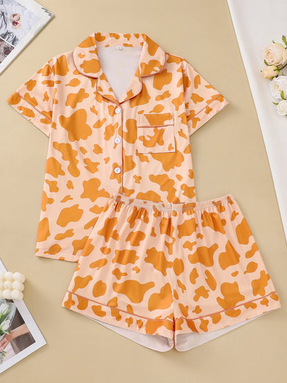 Two-piece set of women's pajamas lapel top and trousers cow pattern summer casual women's pajamas home wear
