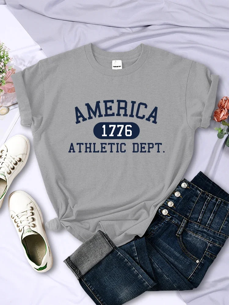 America 1776 Athletic Dept Letter T-Shirt Female Sport Casual Top Cool Hip Hop Tee Shirt Soft Breathable T Shirt Women