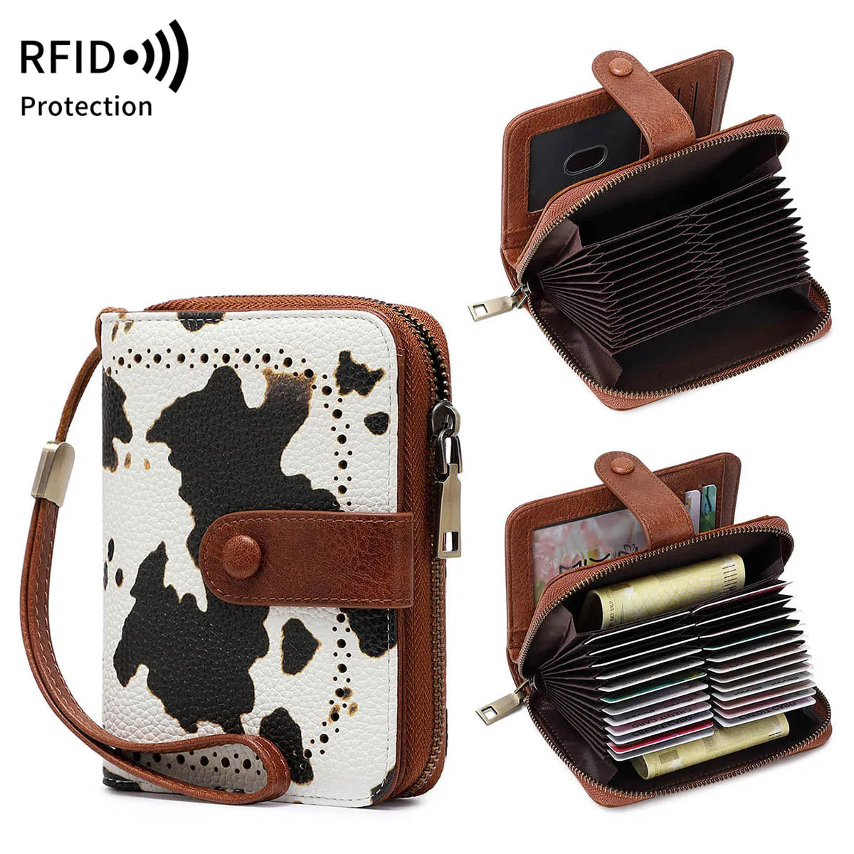 Anti-Theft Brush Bag for Ladies, Oil Wax Leather, Short Purse, European and American Retro, Multi-Function, organ Card Bag