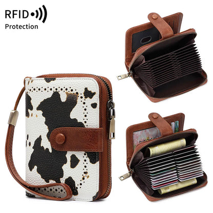 Anti-Theft Brush Bag for Ladies, Oil Wax Leather, Short Purse, European and American Retro, Multi-Function, organ Card Bag