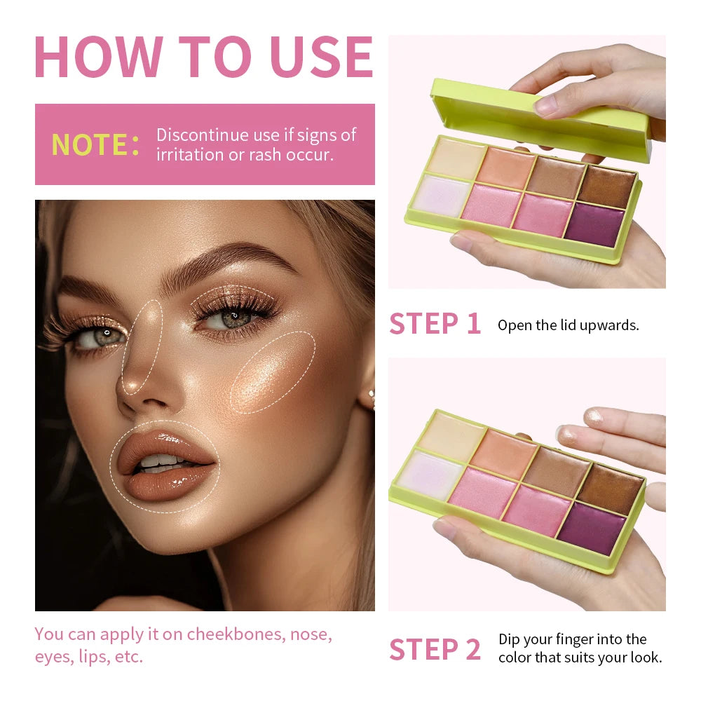 8 Colors Cream Highlighter Palette for Highlight, Blush&Contouring, Various Colors To Meet Various Makeup Needs Highlight Disc