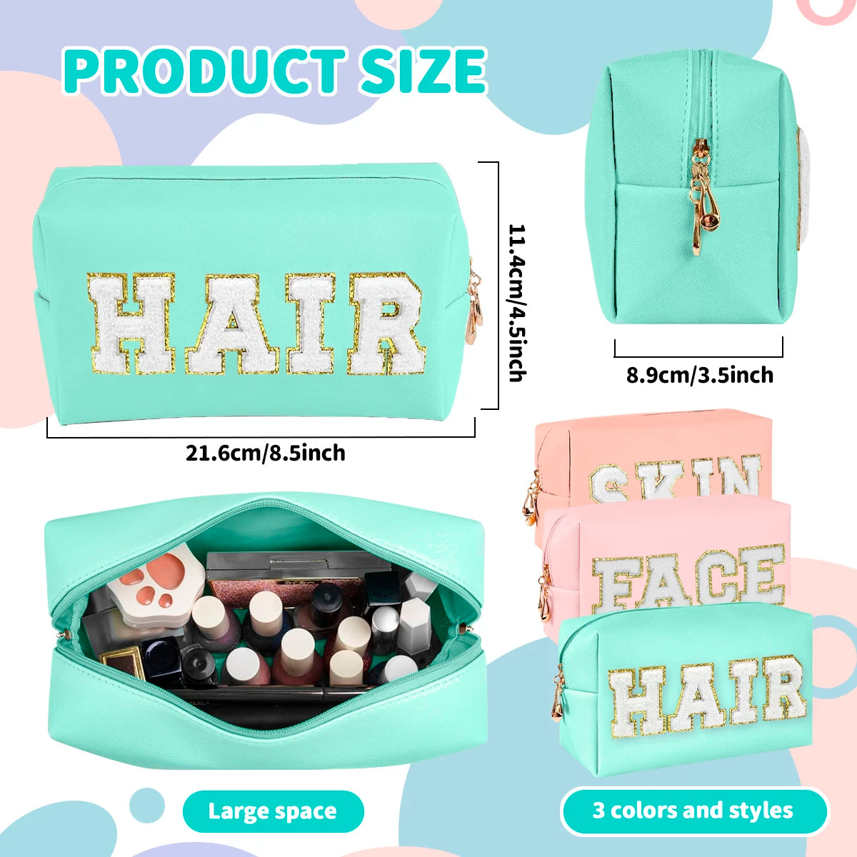 Chenille Letter Cosmetic Bag PU Leather Waterproof Pouch Cute Zipper Organizer, Skin, Hair and Face