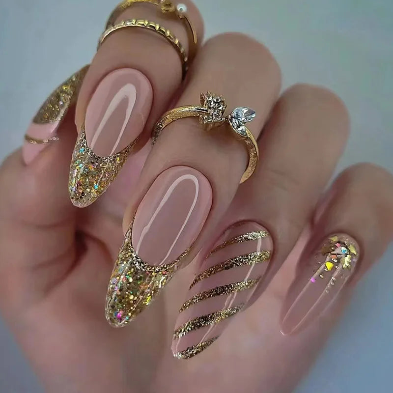 24pcs Detachable Almond French False Nails DIY Glitter Design Press on Nails Fake Nials DIY Manicure Nail Tips