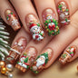 24PCS Christmas Green Monster Press-On Nails – Snowflake & Rhinestone Holiday Nail Art 💅🎄