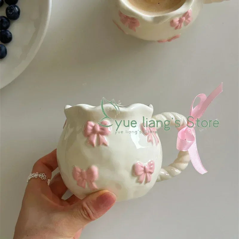Handmade Irregular Mug, Pink Three-dimensional Bow Coffee Cup, Artistic Niche Mug Gift Ceramic Water Cup