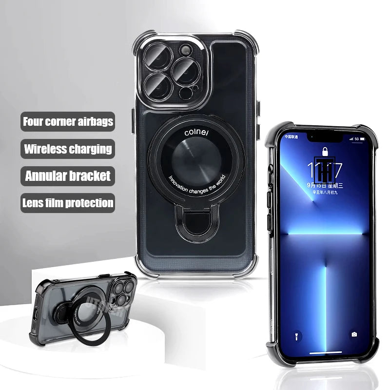 New Strong Magsafe Magnetic Ring Stand for iPhone 16 15 14 13 11 12 Pro Max Plus Military Shockproof Slim Plating Clear Cover