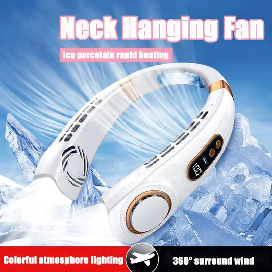 New Hanging Neck Fan Ice Magnet Cooler Digital Display Rechargeable Air Conditioner Neck Ventilator With Colorful Light