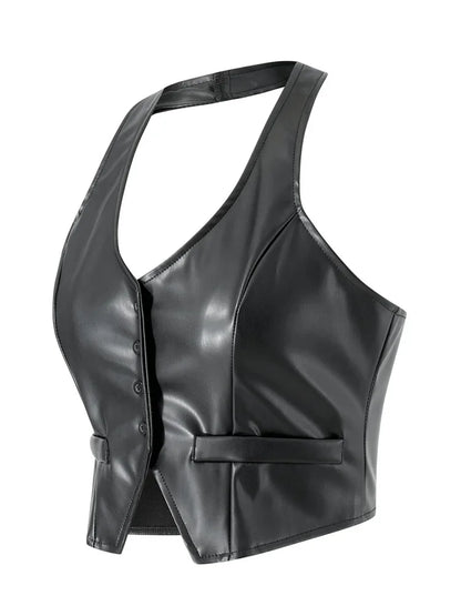 Women PU Leather Vest Coat Vintage Sleeveless V Neck Button Down Tank Tops Dark Academia Gothic Waistcoat Female Summer Fall