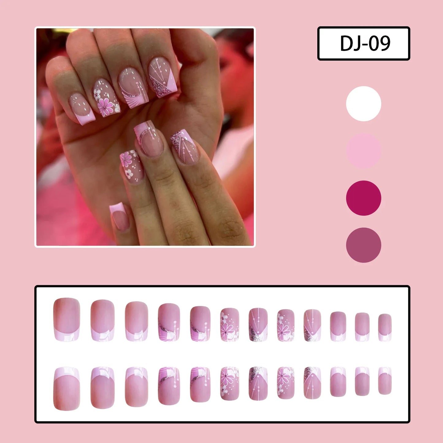 24pcs French False Nails Pink Flowers Short Coffin Fake Nail Tips for Girl Wearable Sweet Korean Simple Nude Pink Press on Nails