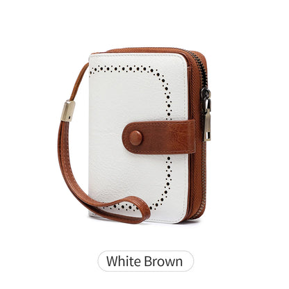 Anti-Theft Brush Bag for Ladies, Oil Wax Leather, Short Purse, European and American Retro, Multi-Function, organ Card Bag
