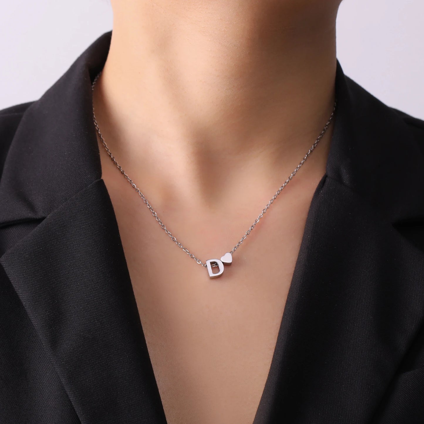 Initial Letter Mini Heart Pendant Necklace for Women Stainless Steel A-Z Alphabet Choker Chain Jewelry