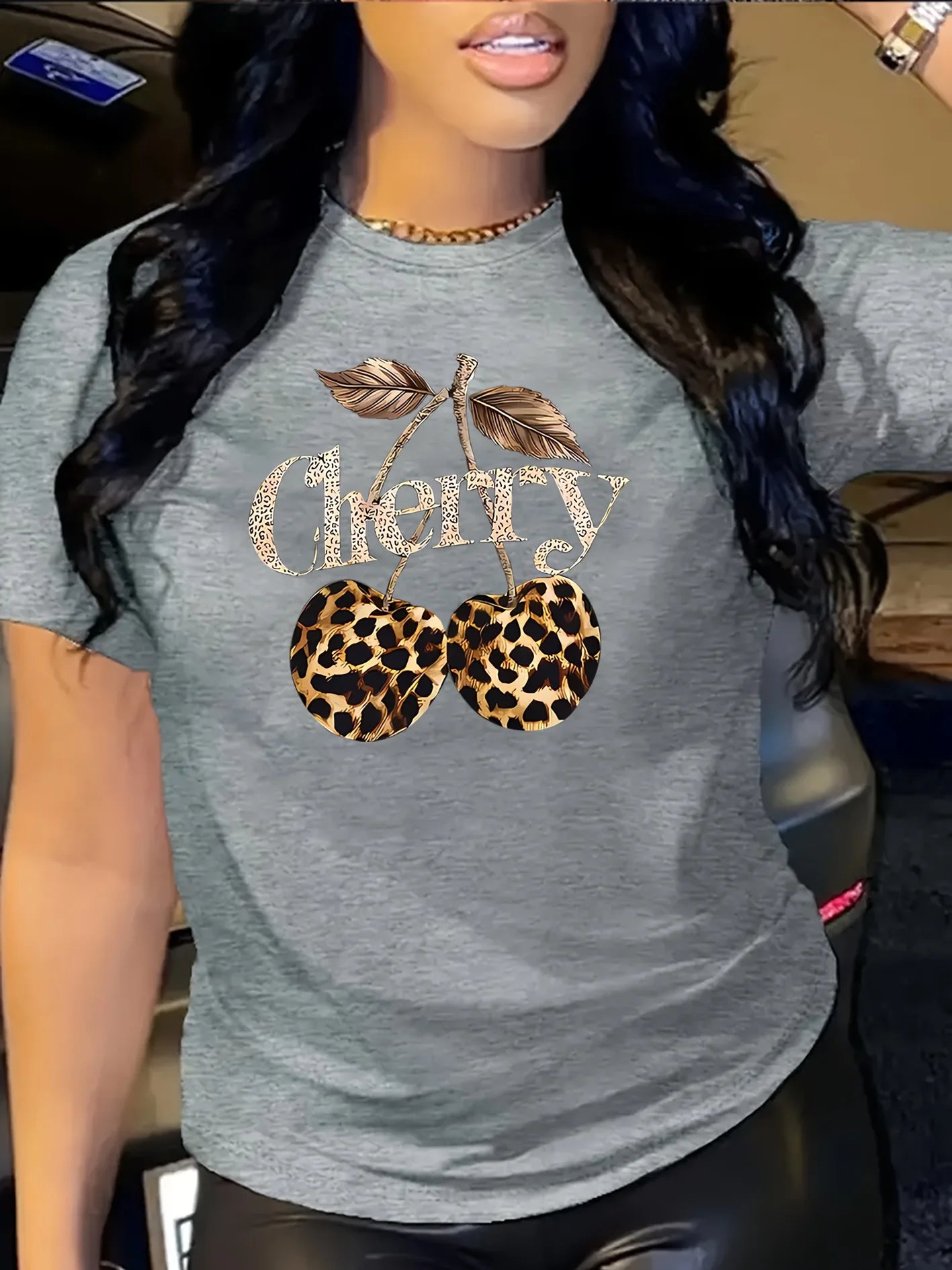 Women's Casual Cherry Print T-Shirt with Leopard Print Cherries & Letter Design - Short Sleeve, Crew Neck  Ladies T Shirts