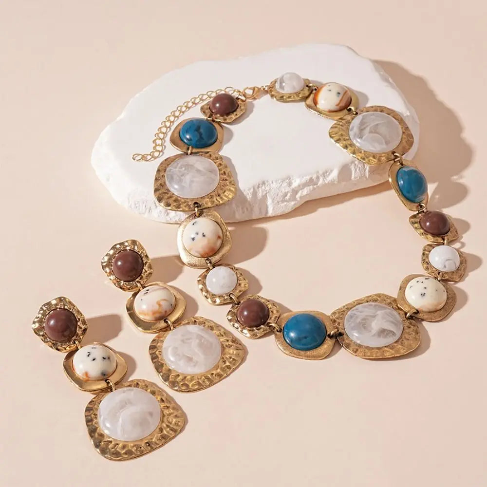 Vintage Retro Resin Necklace Earring Fashion Exquisite Irregular Geometric Necklace Exaggerated Temperament Collarbone Necklace