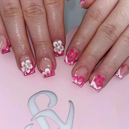 24pcs French False Nails Pink Flowers Short Coffin Fake Nail Tips for Girl Wearable Sweet Korean Simple Nude Pink Press on Nails