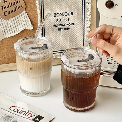 1/2PCS Stripe Glass Cup with Lid and Straw Transparent Glasses Drinkware Cup Ice Coffee Mug Tea Milk Juice Water Cup Glass Mug