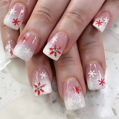 24pcs Merry Christmas Press On Nails Glitter Blue Short Square False Nail With Snowflake Designs French Fake Nail
