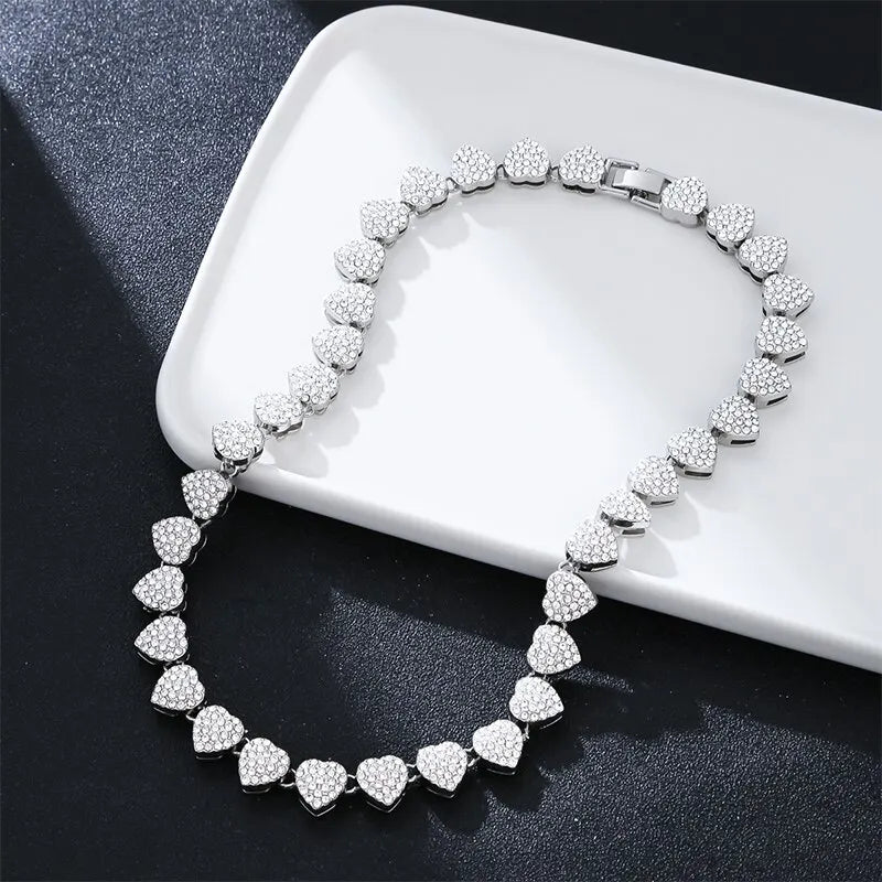 Heart Shape Cuban Chain Necklace – Gold Plated, Iced Out Crystal Jewelry for Women