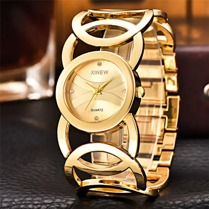 Women Original XINEW 6438 Watches Ladies Casual Golden Quartz Bracelets Watch