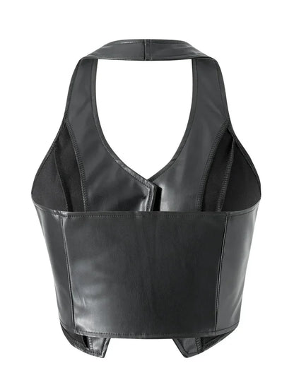 Women PU Leather Vest Coat Vintage Sleeveless V Neck Button Down Tank Tops Dark Academia Gothic Waistcoat Female Summer Fall