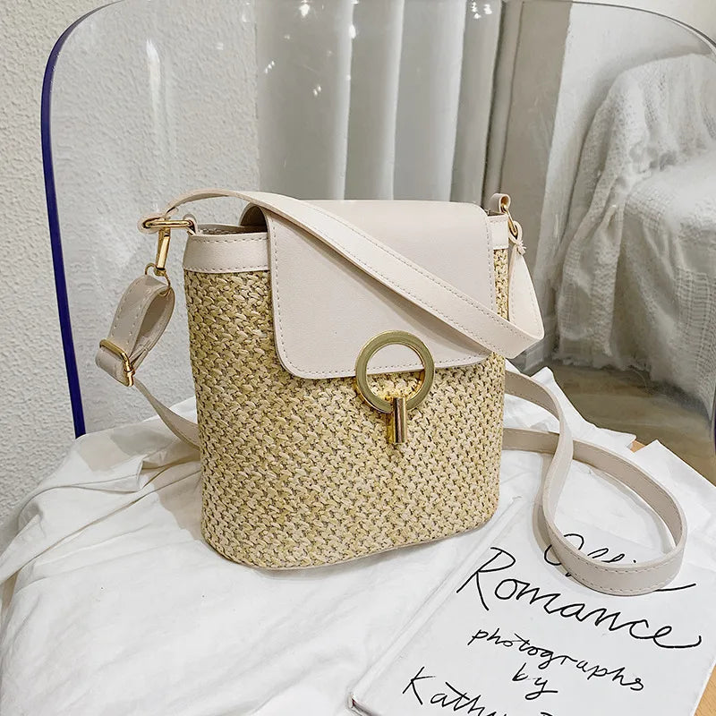 Women Straw Woven Shoulder Bag Crossbody Rattan Tote Casual Bucket Bag Beach Versatile Handbag