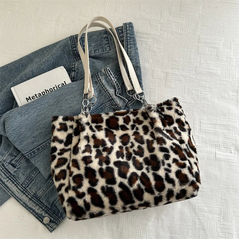 Leopard Print Fur Bags Women Fashion Portable Faux Fur Handbags Winter Soft Warm Bag Girls Fluffy Large Capacity Tote Purse