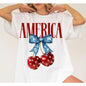 American Flag Cherry Bow T-Shirt, Fourth of July, Patriotic Tee, Independence Day, American Flag Themed, Holiday Outfit