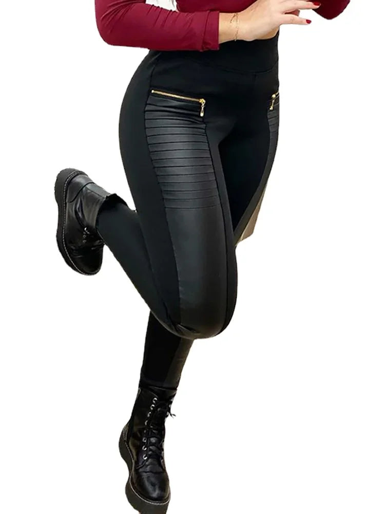 Pants Women Fashion PU Leather Contrast Zipper Design High Waist Skinny Pants