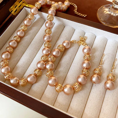 French Retro Geometric Pearl Necklace Earring Fashion Design Temperament Collarbone Chain Light Luxury High-end Jewelry Sets