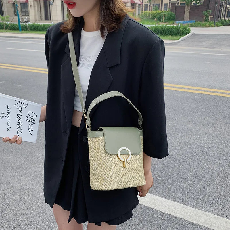 Women Straw Woven Shoulder Bag Crossbody Rattan Tote Casual Bucket Bag Beach Versatile Handbag