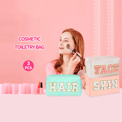 Chenille Letter Cosmetic Bag PU Leather Waterproof Pouch Cute Zipper Organizer, Skin, Hair and Face