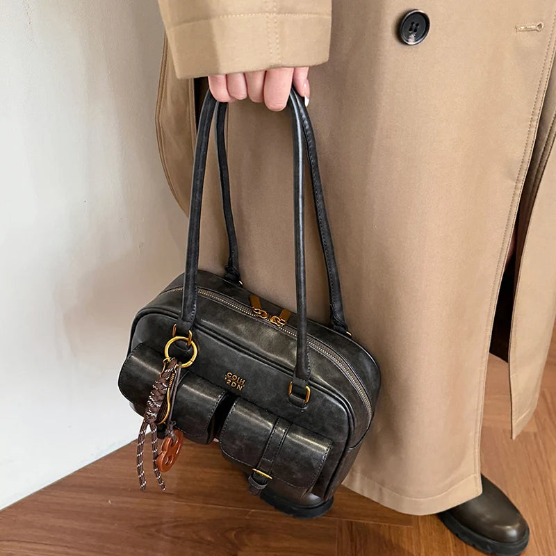 Women Multi Pockets Shoulder Bag with Pendant Vintage Armpit Bag Casual Soft Handbag Travel Shopping Date Handbag