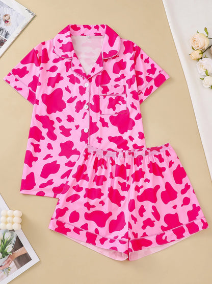 Two-piece set of women's pajamas lapel top and trousers cow pattern summer casual women's pajamas home wear