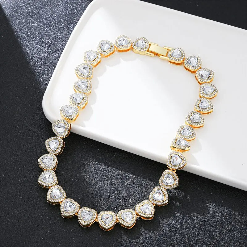 Heart Shape Cuban Chain Necklace – Gold Plated, Iced Out Crystal Jewelry for Women