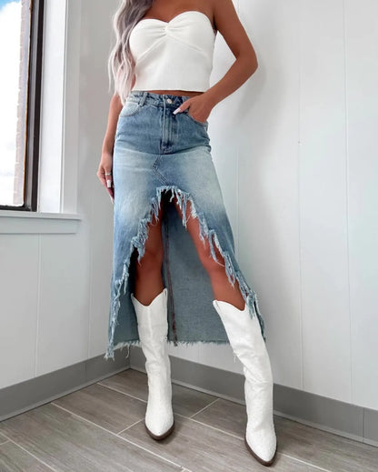 High-Waisted Irregular Burlap Denim Skirt Women's Do Old Washed Half-Body Skirt Denim Casual Skirt Women's