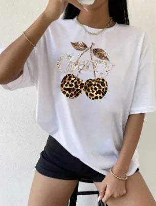 Women's Casual Cherry Print T-Shirt with Leopard Print Cherries & Letter Design - Short Sleeve, Crew Neck  Ladies T Shirts