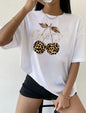 Women's Casual Cherry Print T-Shirt with Leopard Print Cherries & Letter Design - Short Sleeve, Crew Neck  Ladies T Shirts