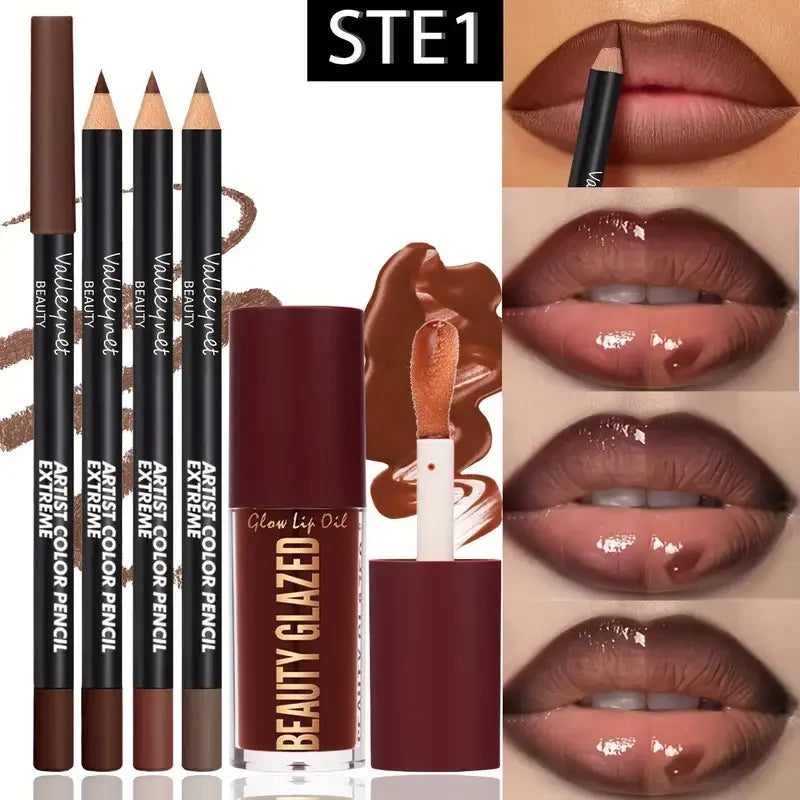 4PCS Dark Brown Lip Kit – Lip Liner + Lip Glaze, Waterproof & Long-Lasting Matte Finish