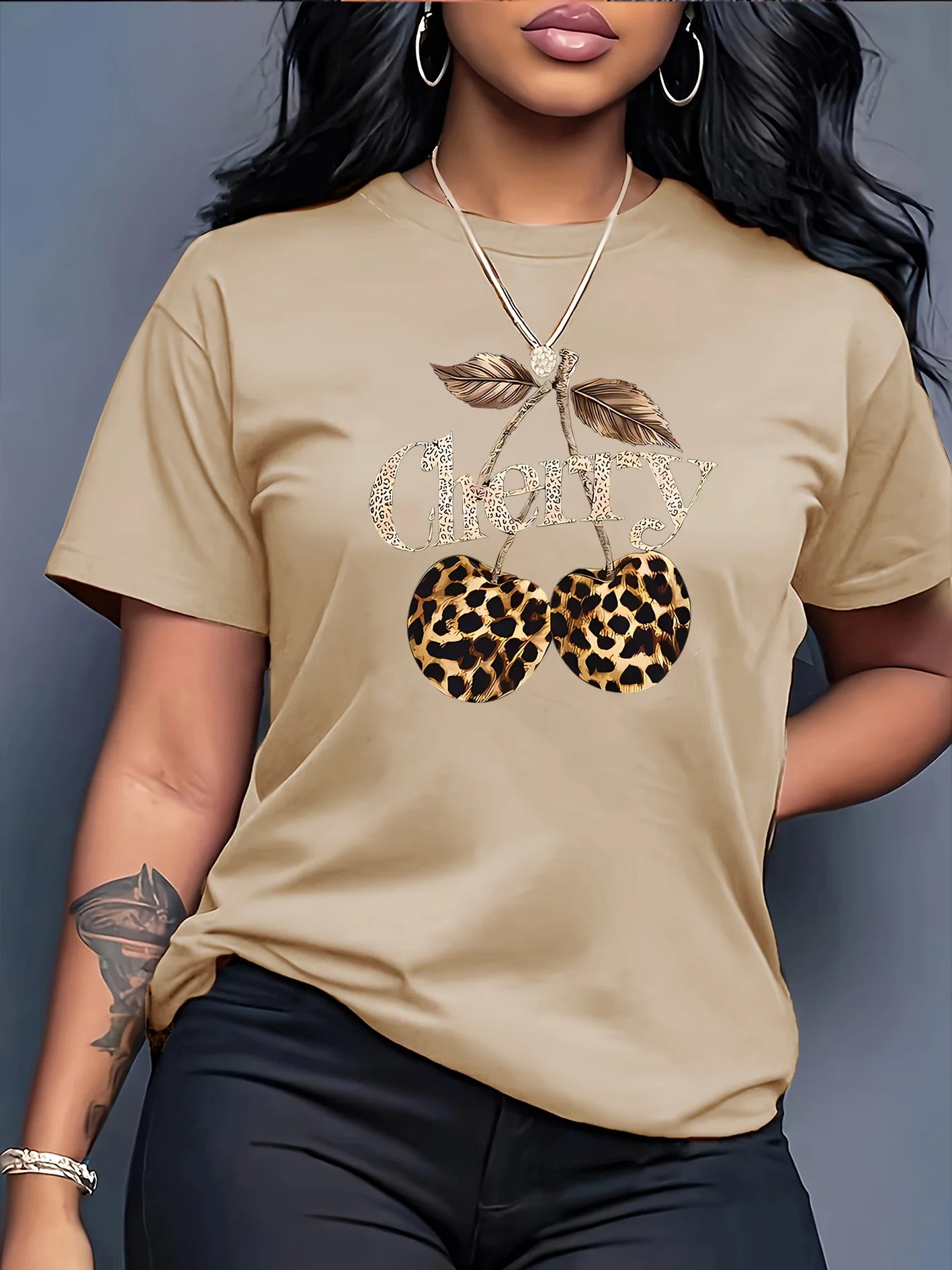 Women's Casual Cherry Print T-Shirt with Leopard Print Cherries & Letter Design - Short Sleeve, Crew Neck  Ladies T Shirts