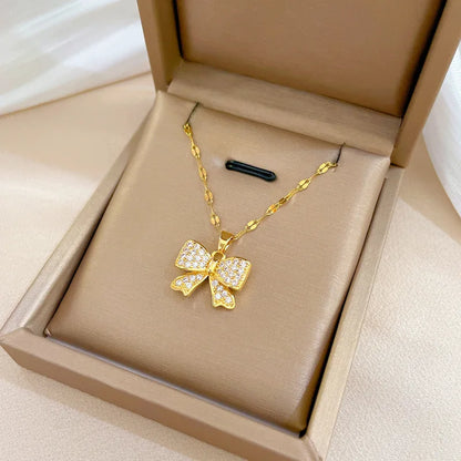 Romantic Baby’s Breath Bow Pendant Necklace – Titanium Steel Chain, Cute & Simple Jewelry