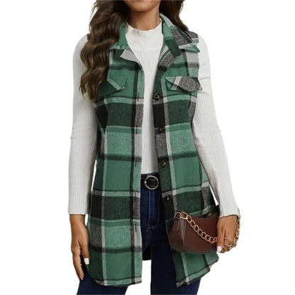 Check Print Sleeveless Jacket with Flap Details – Stylish Plaid Sleeveless Coat for Women